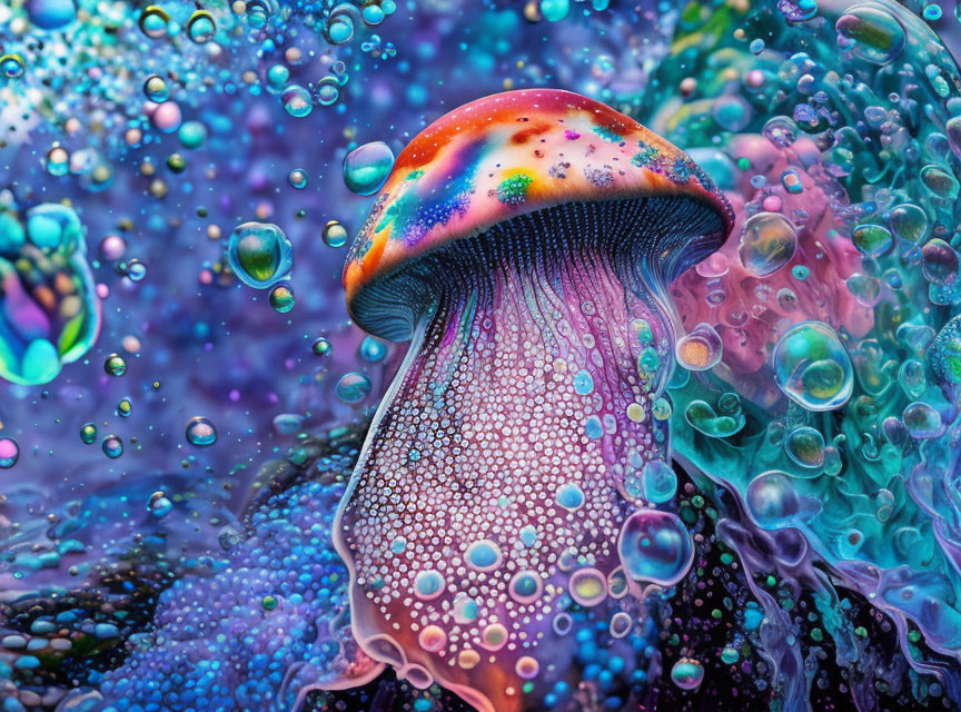 Colorful Digital Art: Jellyfish in Neon Spectrum Amid Psychedelic Bubbles