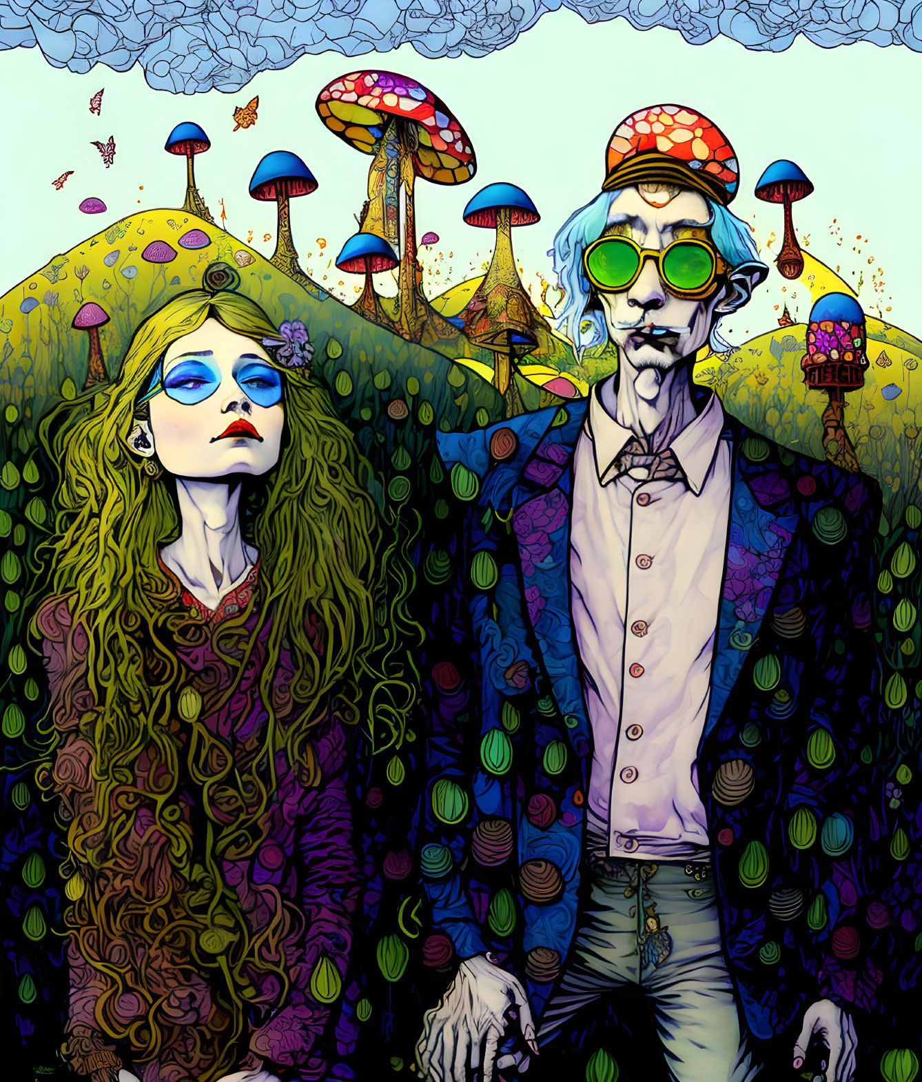 Vibrant illustration of stylized man and woman in psychedelic forest