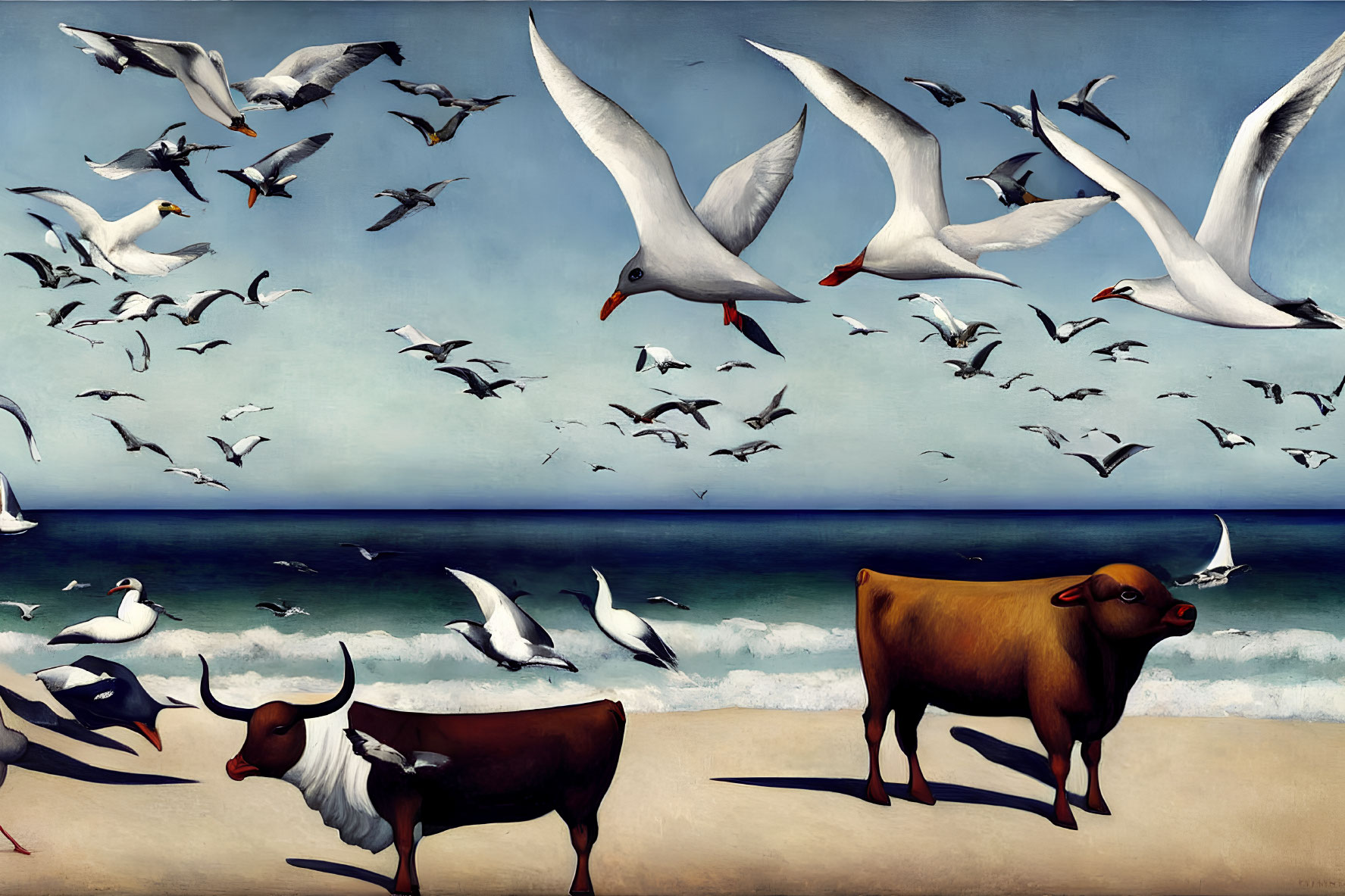 Surreal painting of cows and seagulls on a beachfront