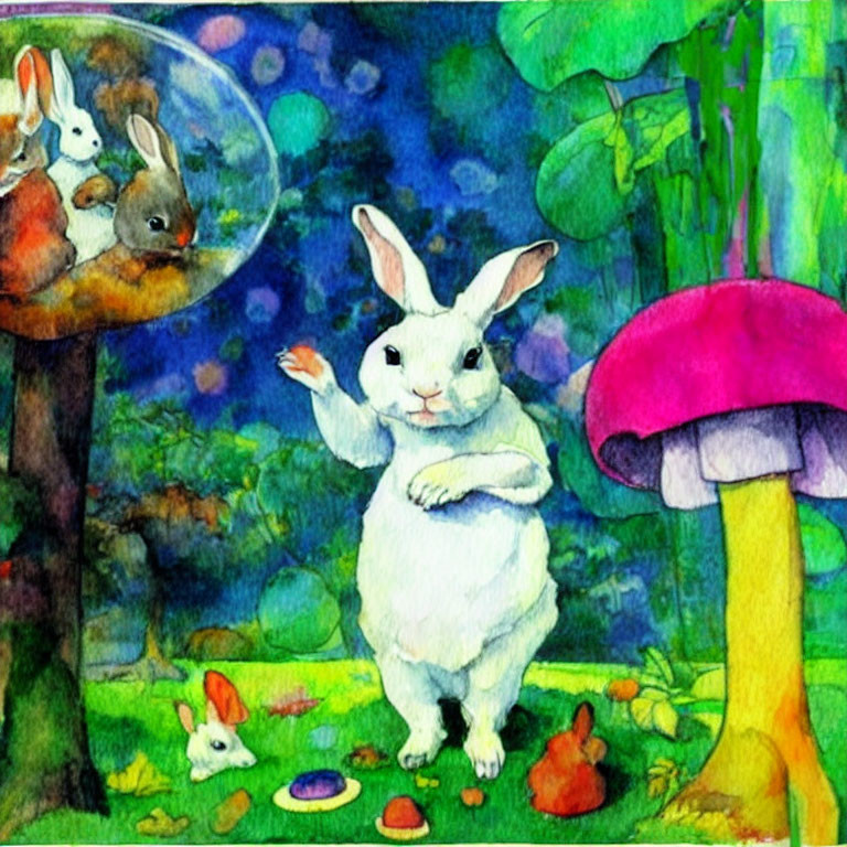 Whimsical watercolor of rabbits in a forest with mushrooms and fishbowl