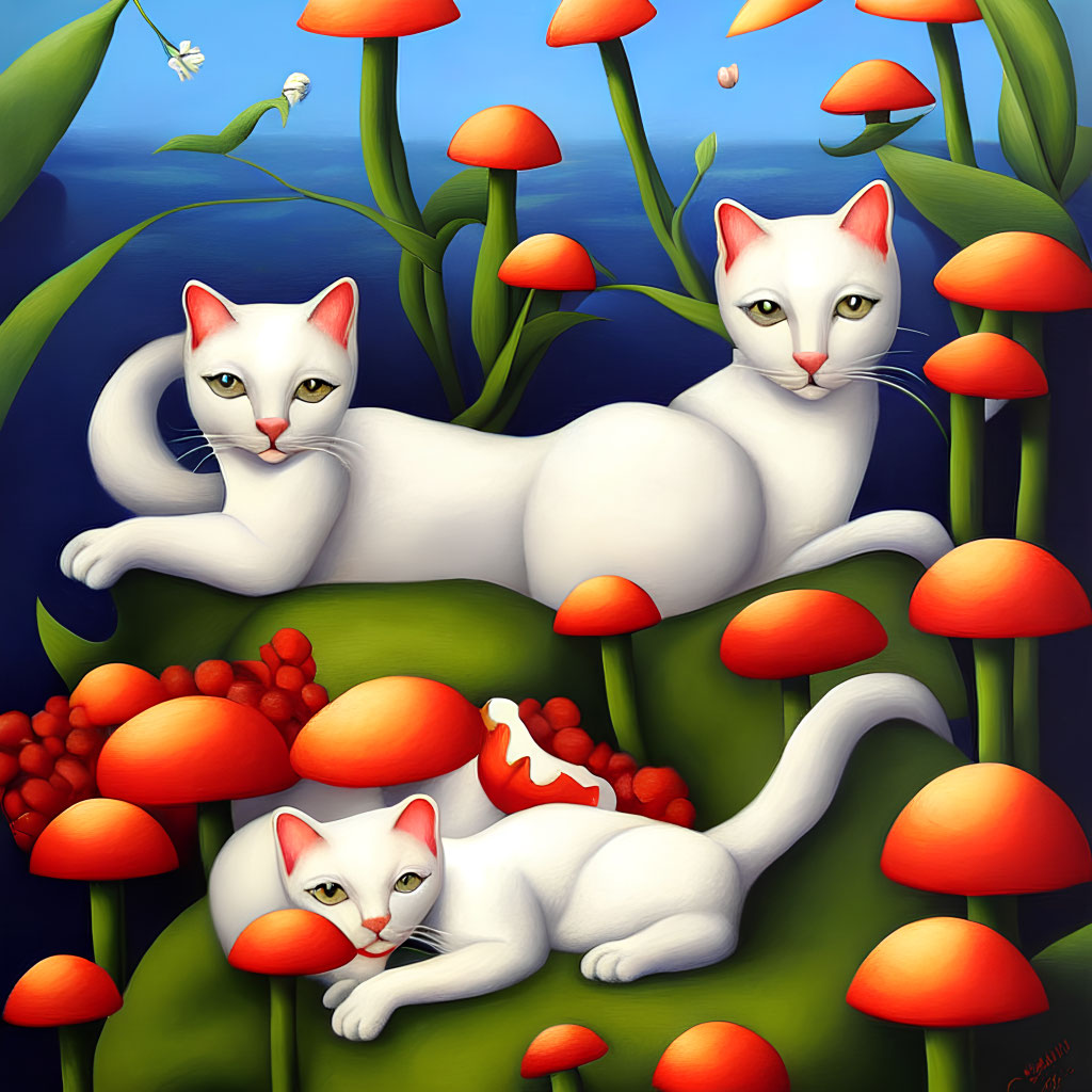 Stylized white cats with striking eyes among orange flowers and red berries on blue background