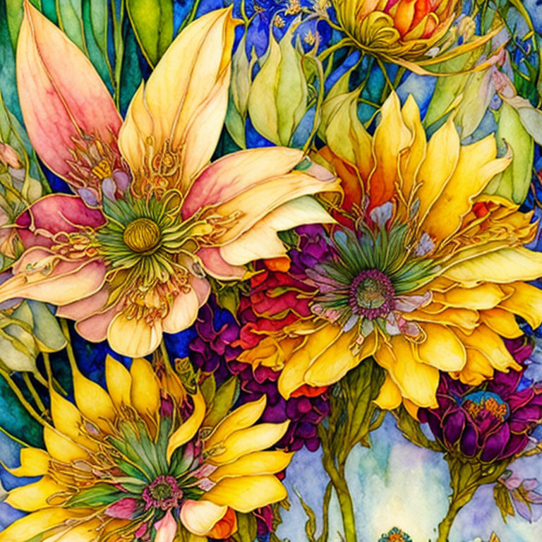 Colorful Watercolor Painting of Intricate Flower Bouquet