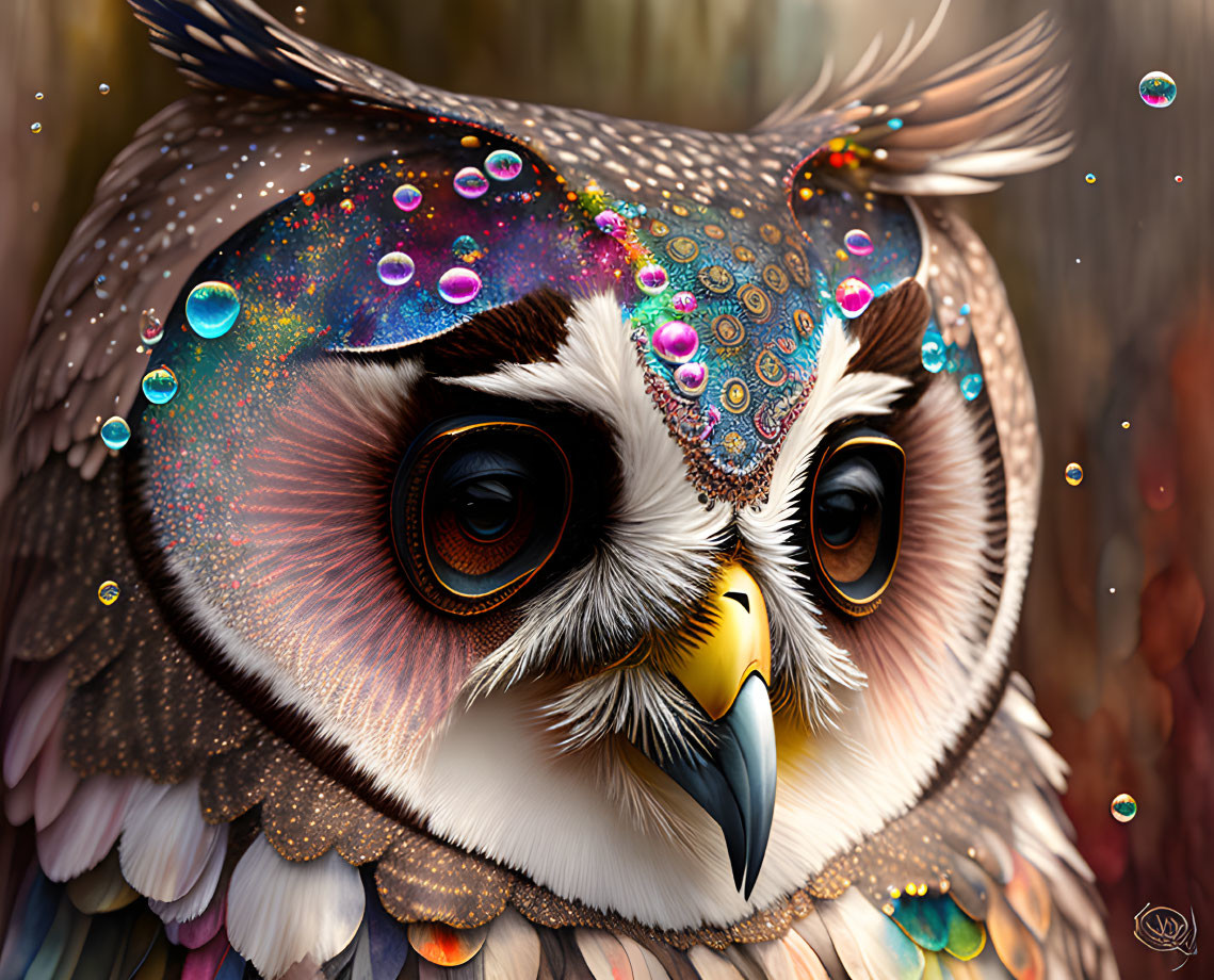 Vibrant digital artwork: Colorful owl with sparkling feathers and bubbles