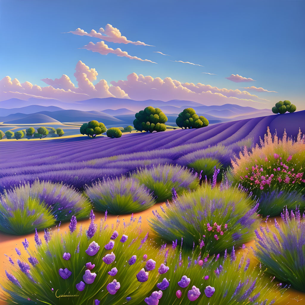 Scenic lavender fields, rolling hills, trees, serene sky at sunset