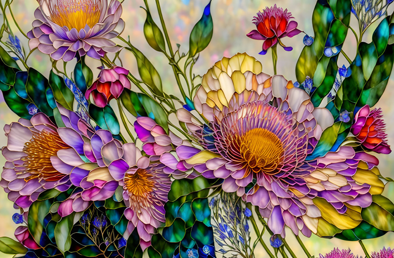 Colorful Floral Illustration with Purple, Red, and Yellow Flowers on Pastel Stained Glass Background