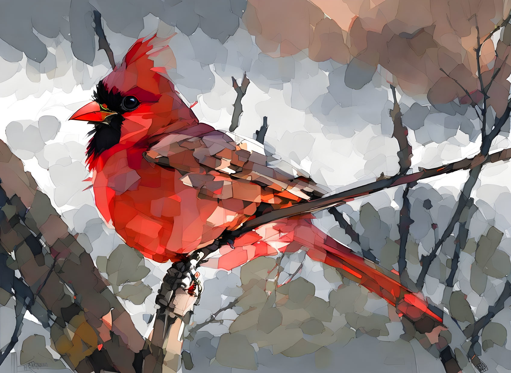 Red Cardinal Perched on Branch in Polygonal Art Style