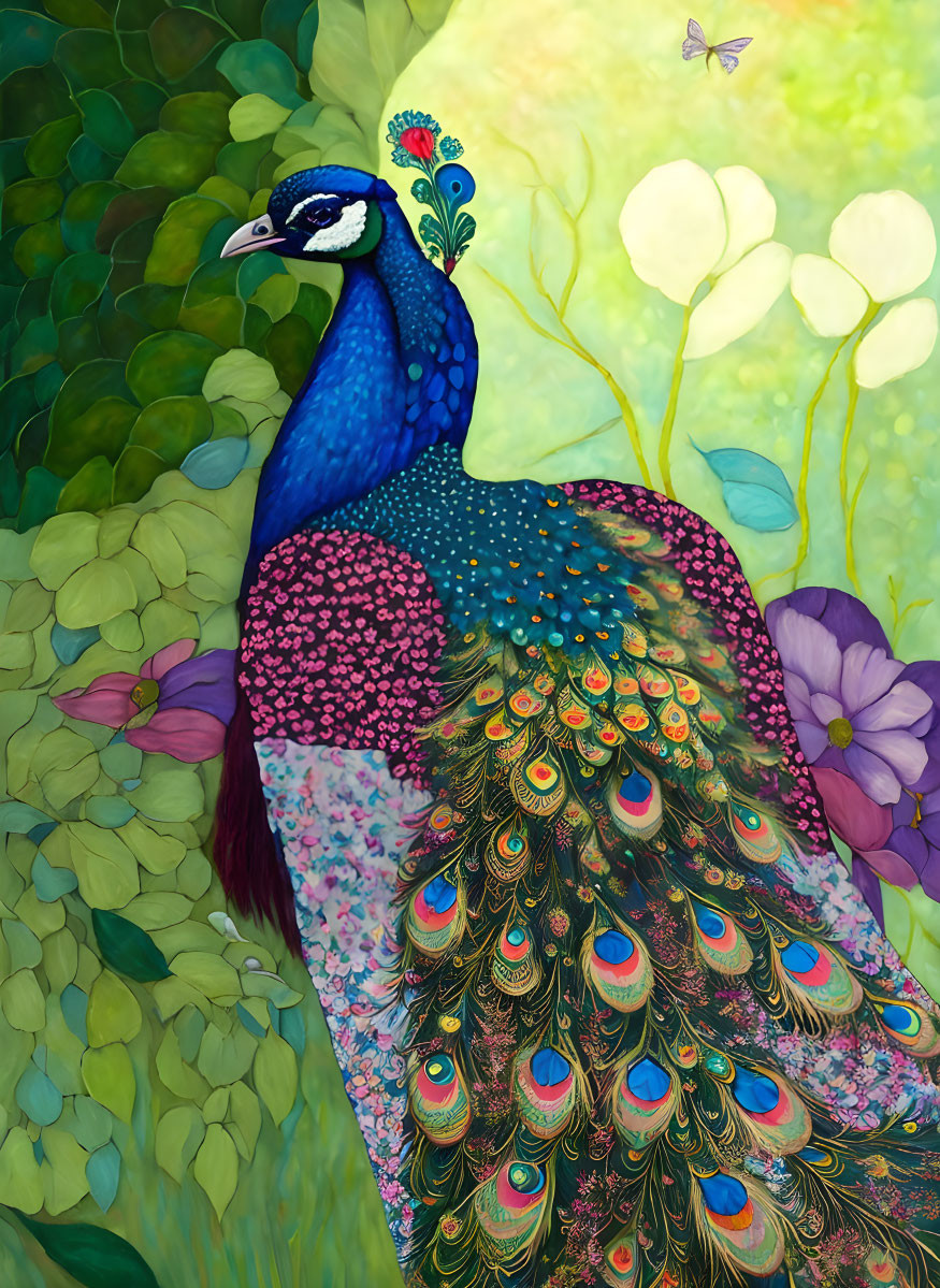 Detailed Peacock Illustration in Lush Greenery with Butterfly