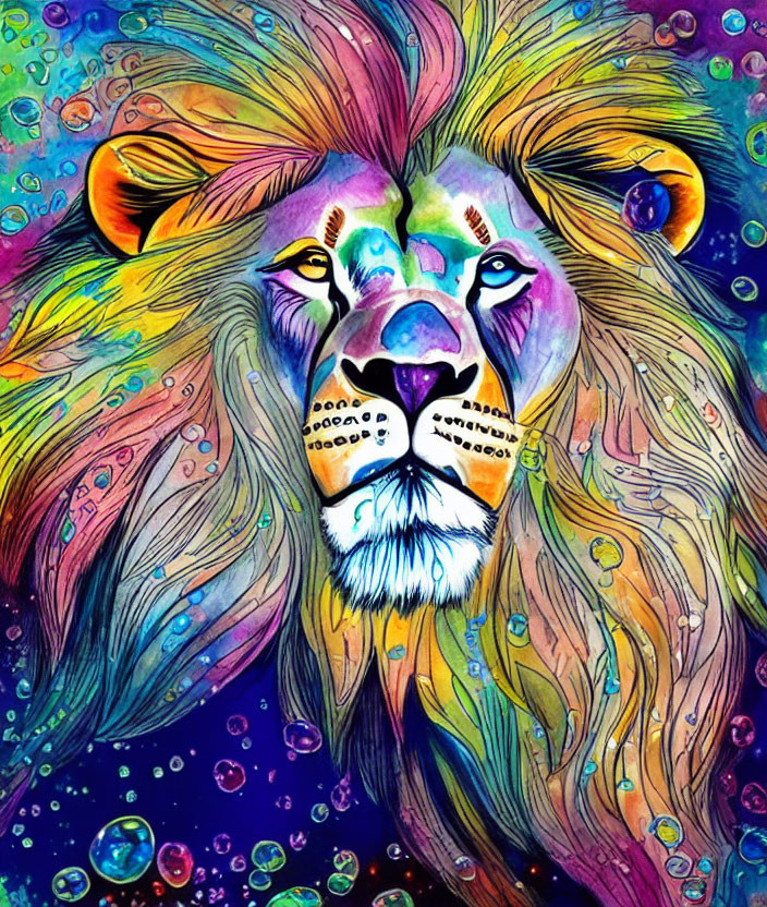 Colorful Lion Face Artwork with Psychedelic Background