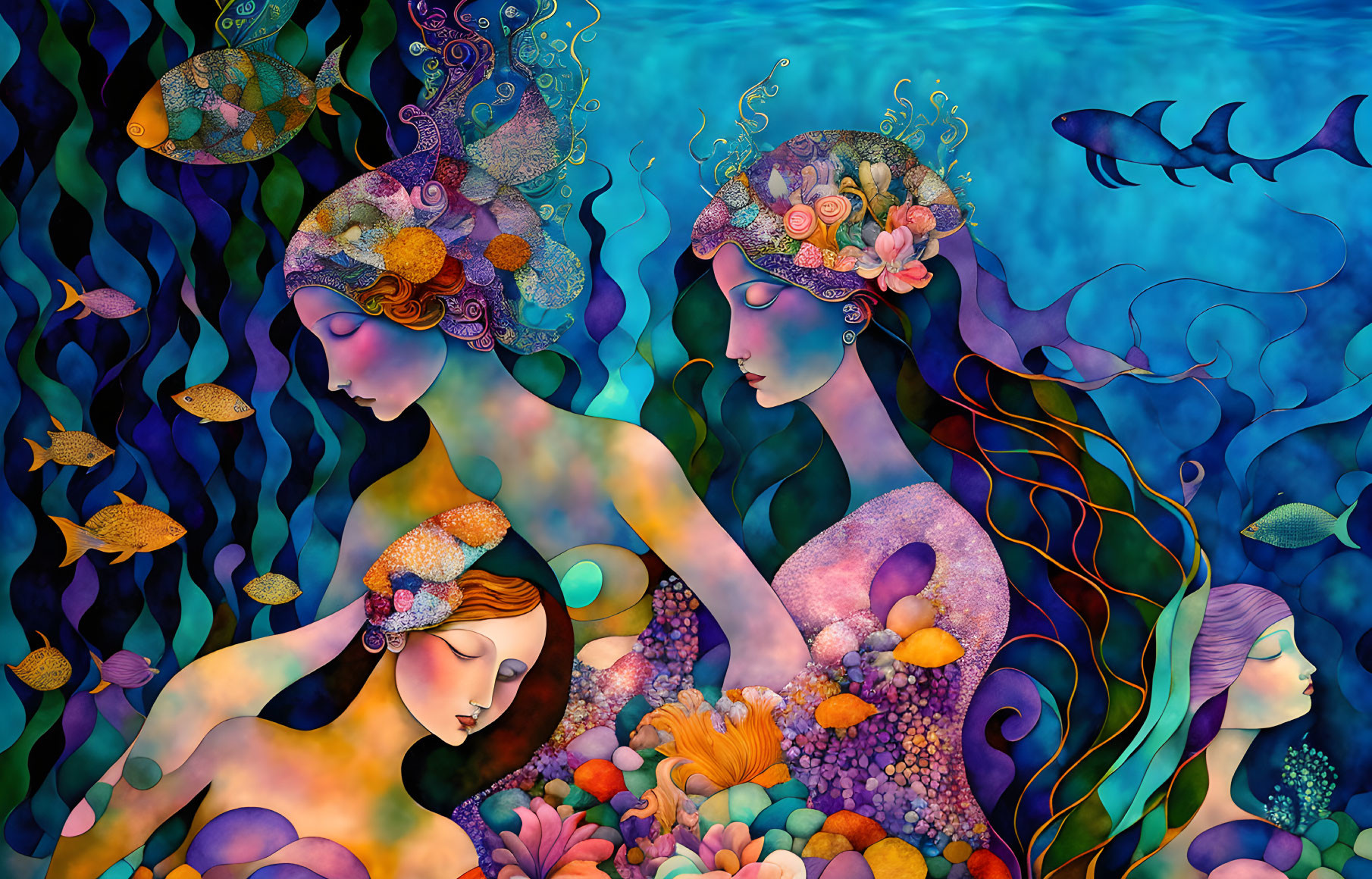 Stylized women with sea-themed hair in vibrant underwater illustration