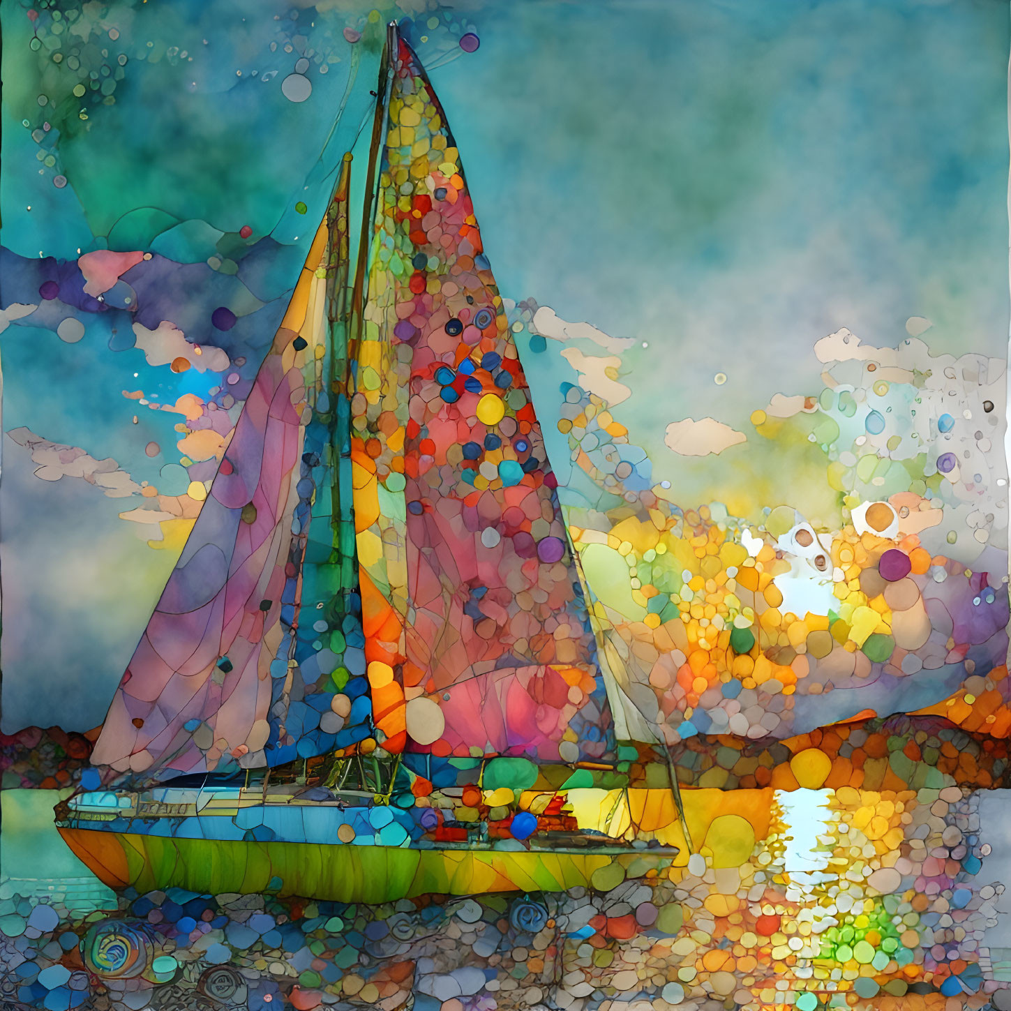 Vibrant Abstract Watercolor Painting of Sailing Boat on Mosaic Sea