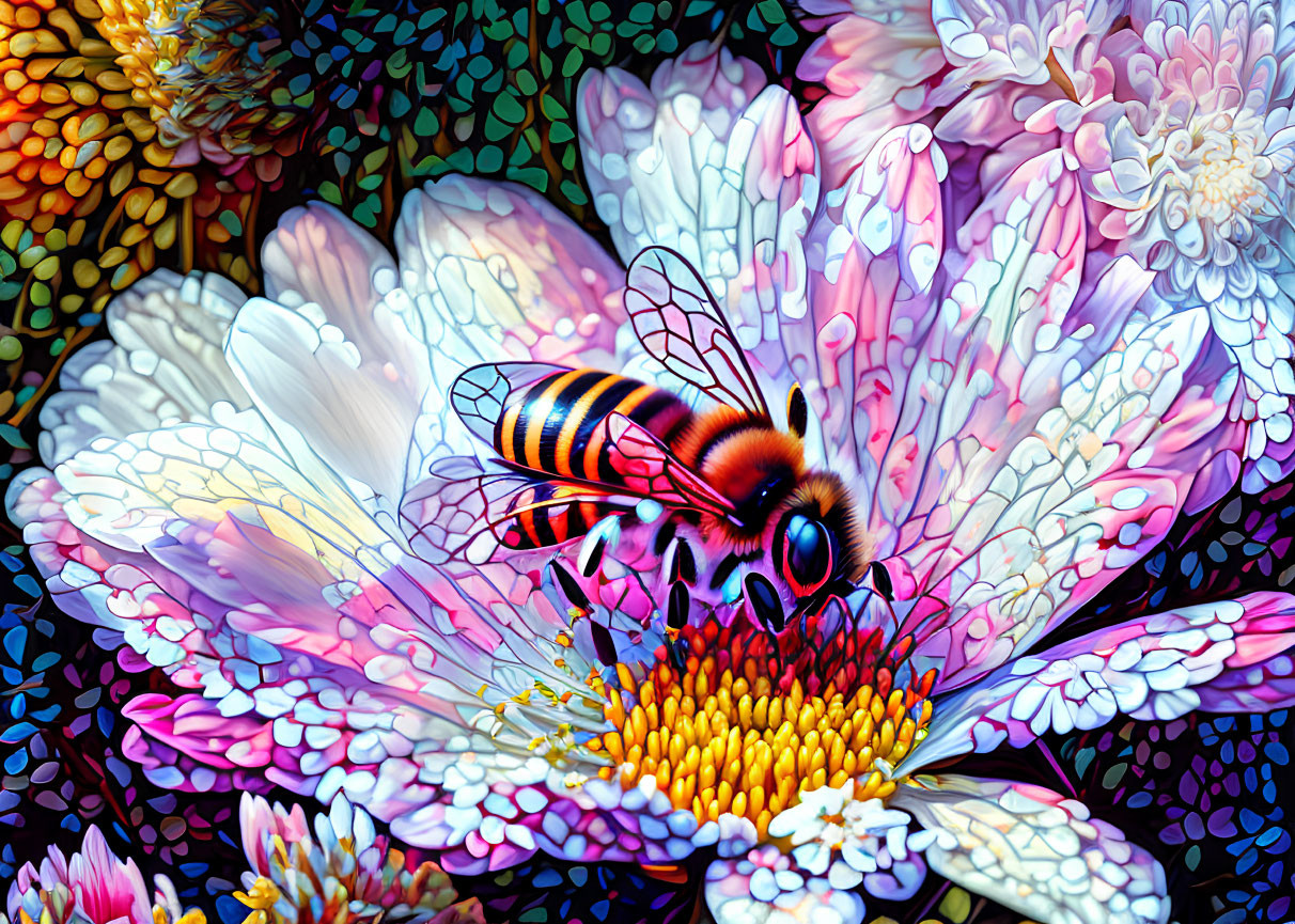 Colorful digital artwork: Bee pollinating vibrant, detailed flowers