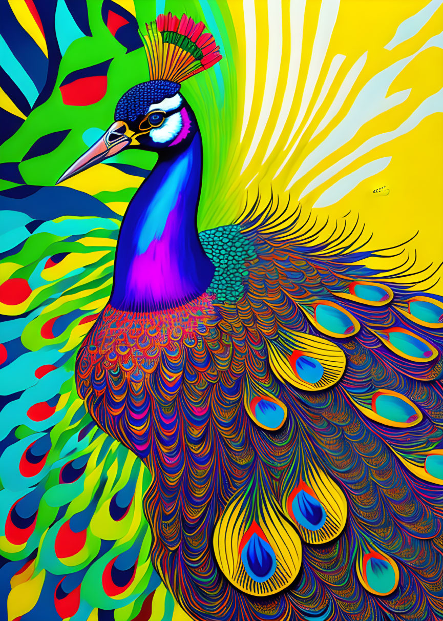 Colorful Peacock Illustration with Elaborate Feather Plume