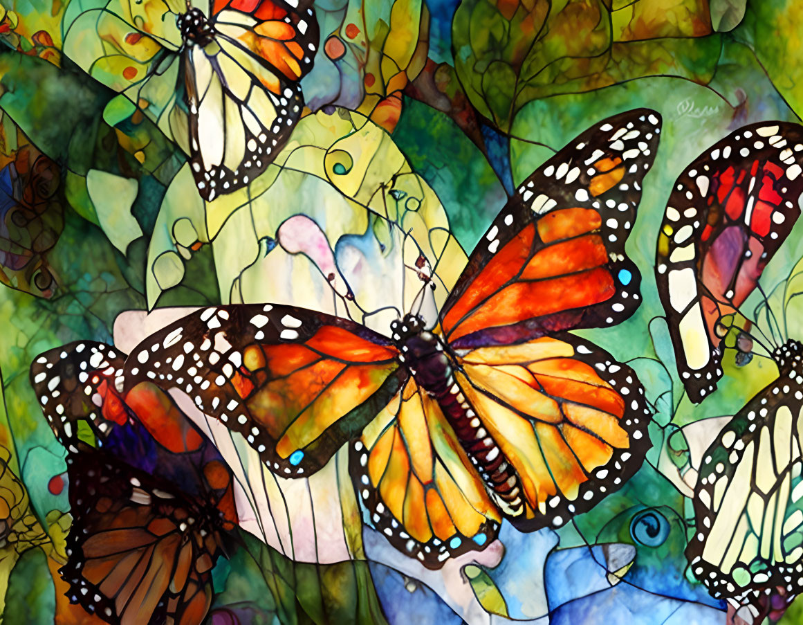 Vibrant Monarch Butterflies in Colorful Stained Glass Style