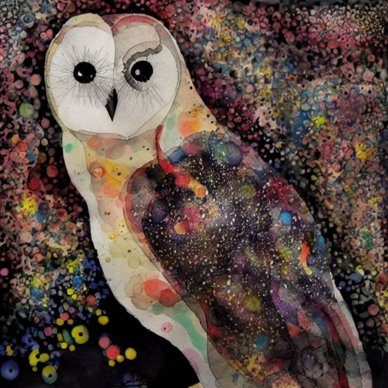 Stylized owl watercolor painting with large eyes on multicolored background