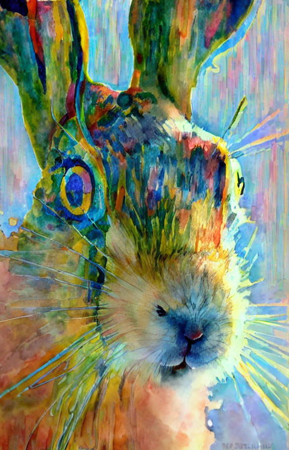 Colorful Watercolor Painting of Rabbit with Abstract Background