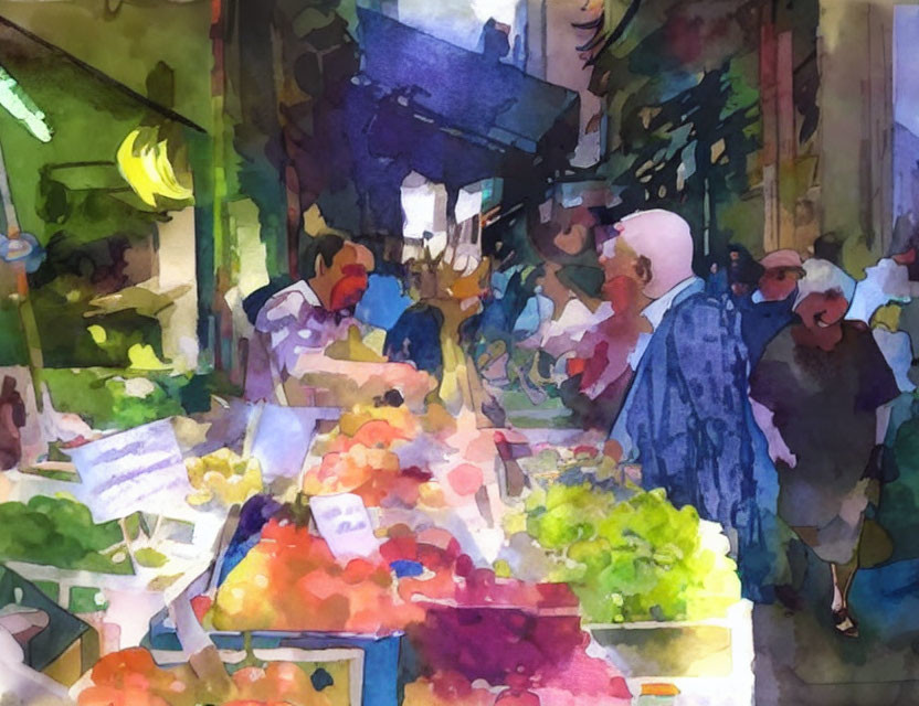 Vibrant watercolor painting of a bustling market scene