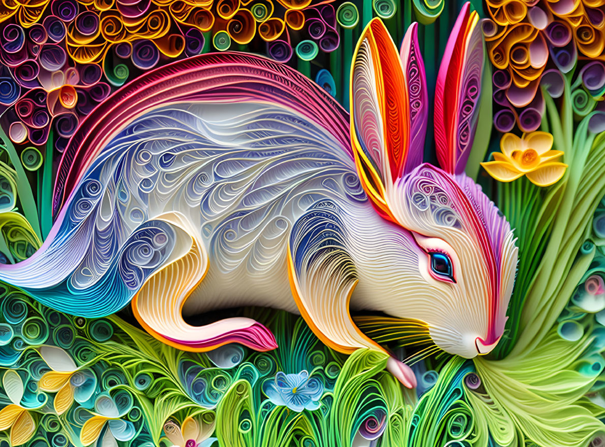 Colorful Rabbit Artwork with Floral and Abstract Background