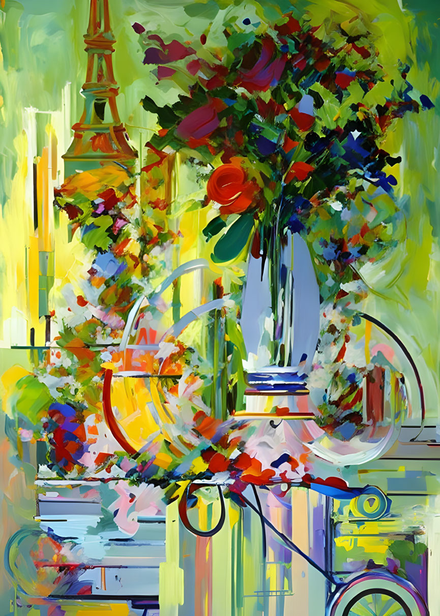 Colorful impressionistic painting with flowers and abstract design, hint of Eiffel Tower