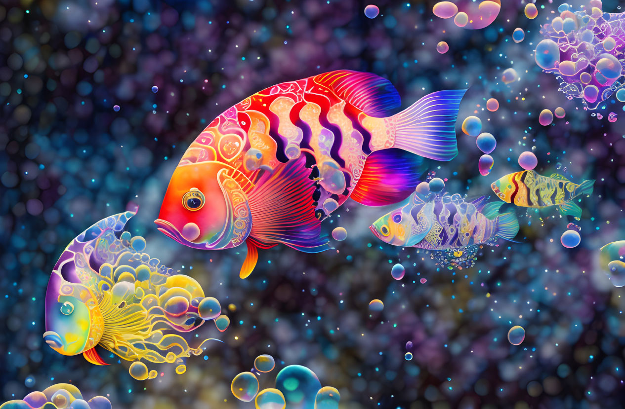 Colorful Stylized Fish Swimming in Bokeh Light Background