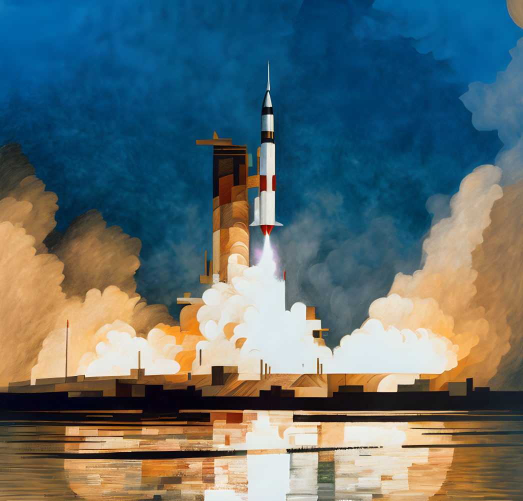 Rocket launch illustration with vibrant blue skies, clouds, geometric shapes, and water reflections