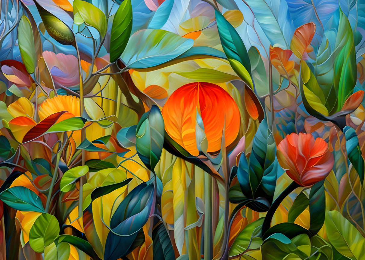 Colorful digital painting of stylized orange flowers and green leaves on blue background