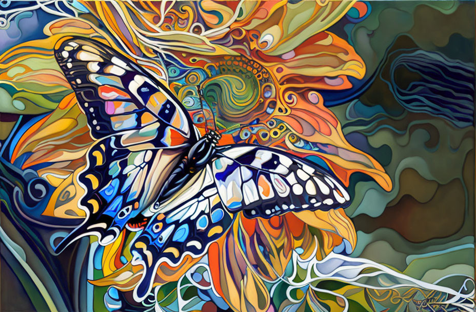 Colorful Butterfly Painting with Floral and Abstract Designs