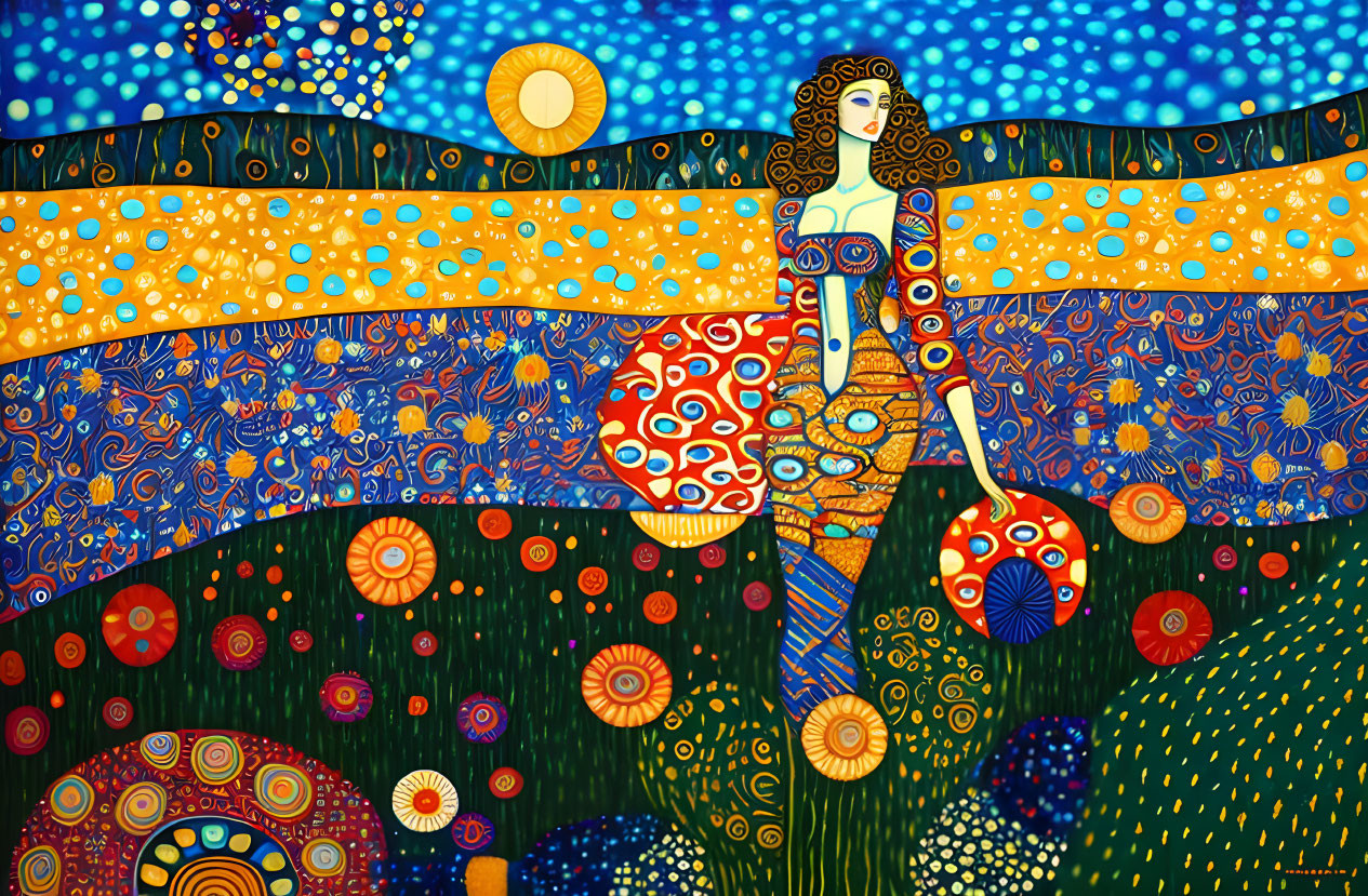 Vibrant painting of woman in colorful, mosaic landscape