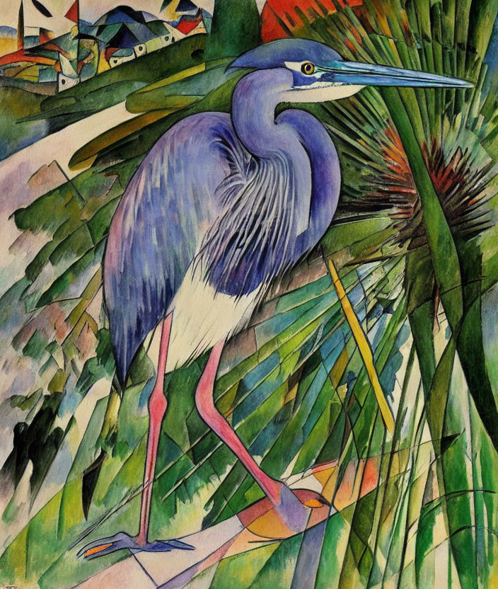 Vibrant painting of blue heron in green foliage with cubist background