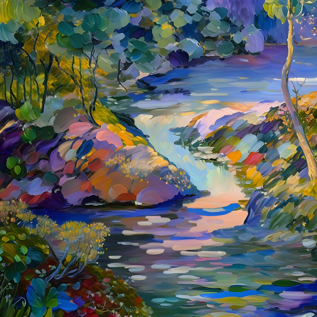 Serene river scene with colorful foliage and setting sun