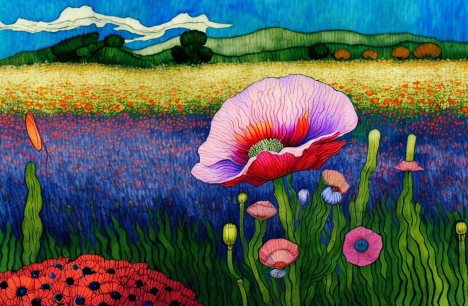 Colorful field scene with pink and red poppies against blue hills and white clouds