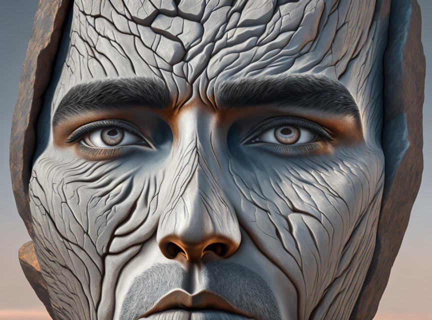 Hyper-realistic digital artwork: Man with cracked bark-like skin and intense blue eyes