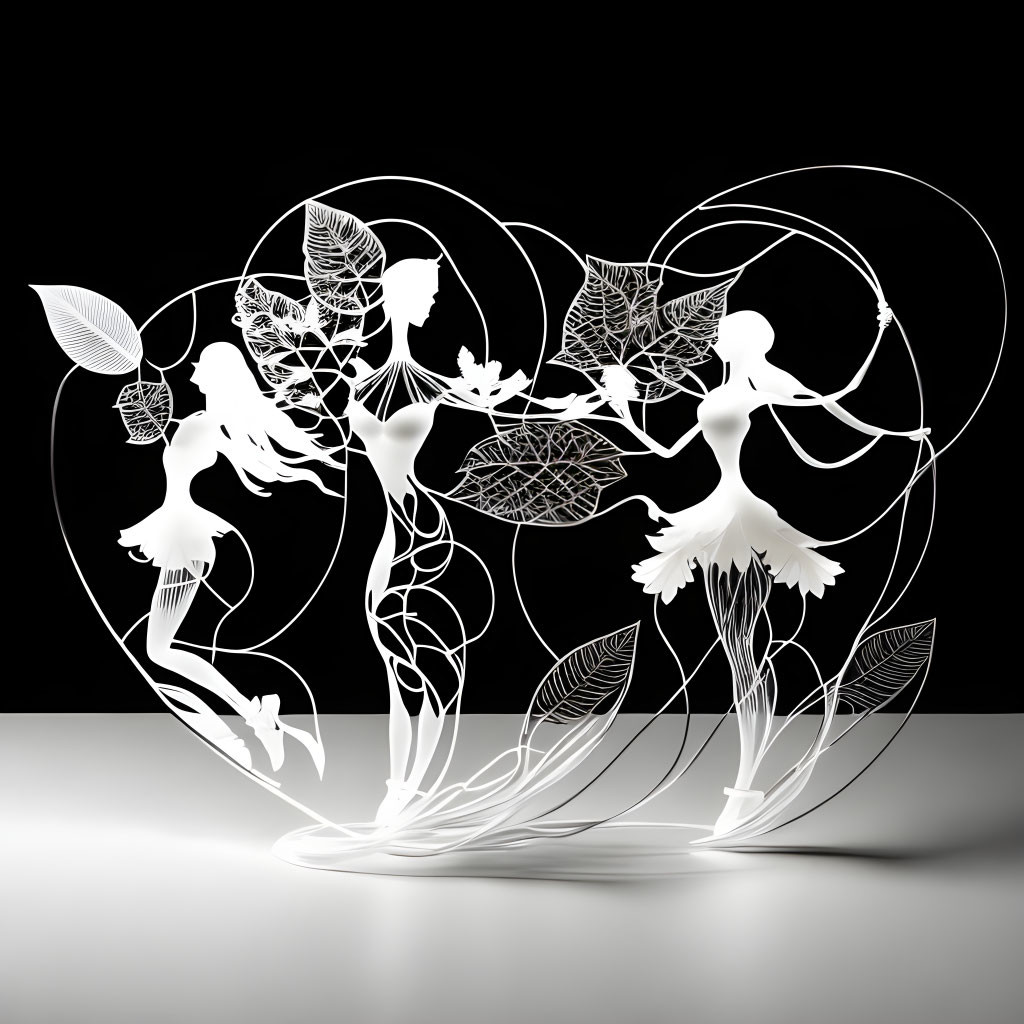 Intricate paper art figures with swirling vines and leaves on black and white backdrop