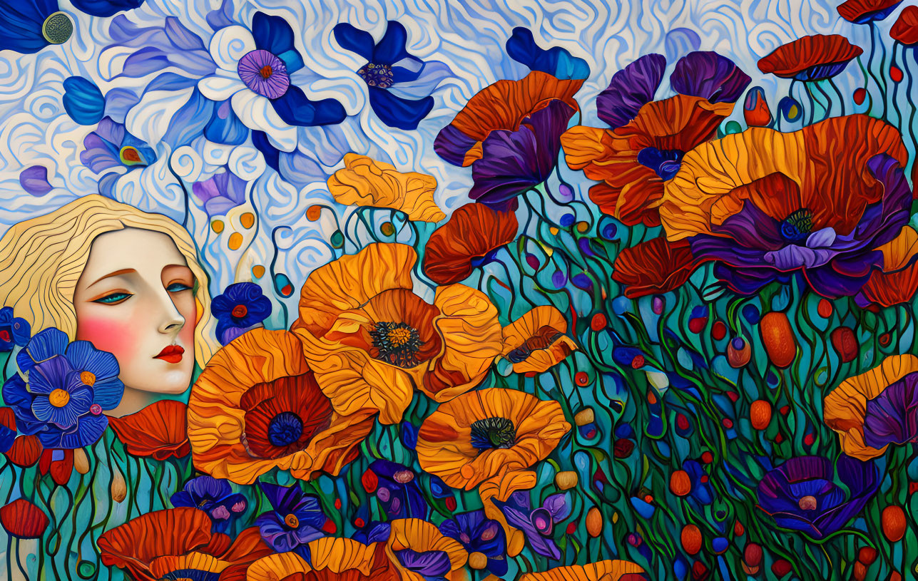 Woman's face blended with colorful floral background: Vibrant poppies and whimsical blue patterns