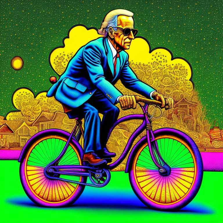 Man in sunglasses and suit on bicycle in vibrant, psychedelic setting