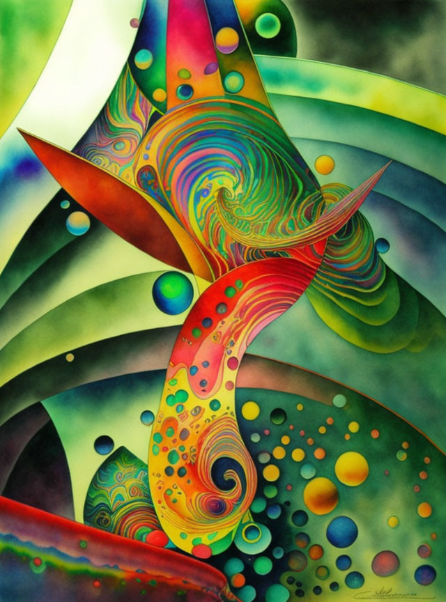 Vibrant abstract painting with colorful swirls, waves, and dots