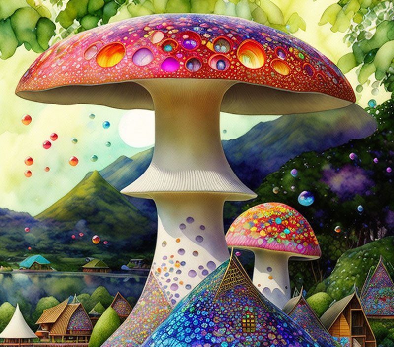 Vibrant oversized mushrooms in whimsical illustration