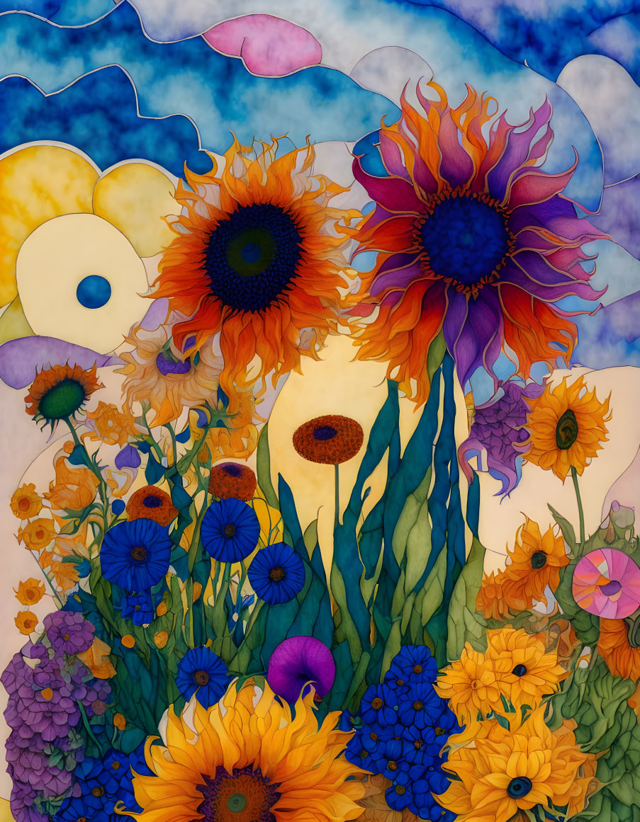 Colorful Flower Painting with Sunflowers and Blue Sky