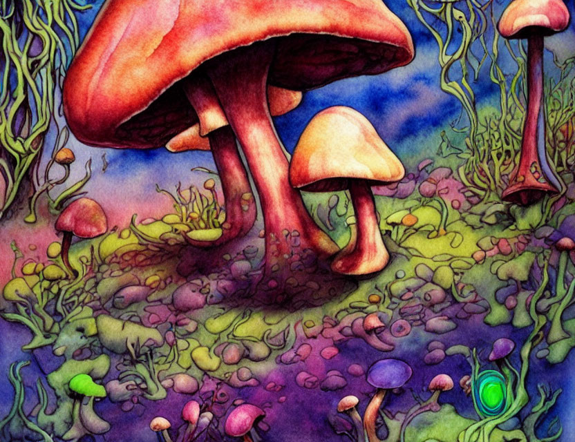 Colorful whimsical illustration of oversized mushrooms in a fantasy forest with glowing object