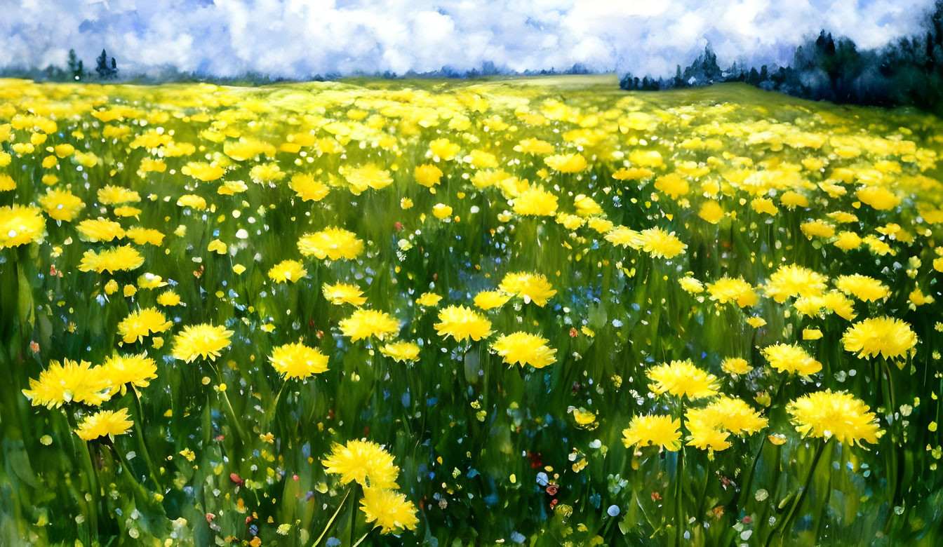 Yellow Flowers Field Against Blurred Trees and Sky