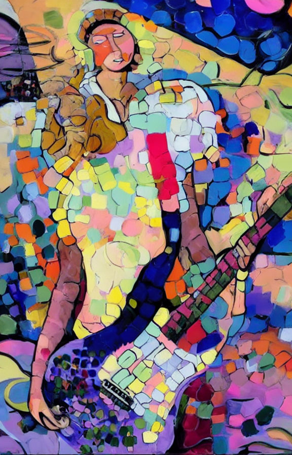 Colorful Abstract Painting of Person with Guitar in Mosaic Style