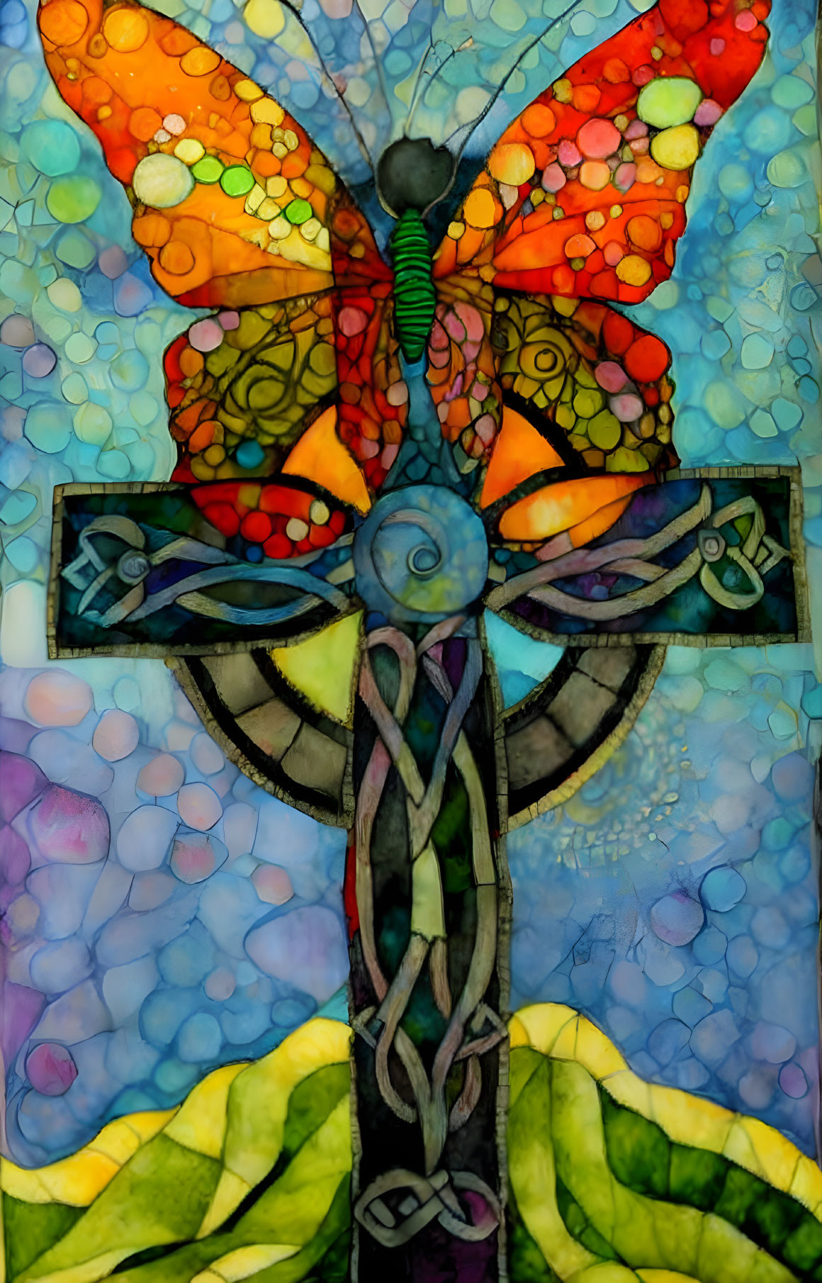 Colorful Butterfly and Celtic Cross in Stained Glass Style