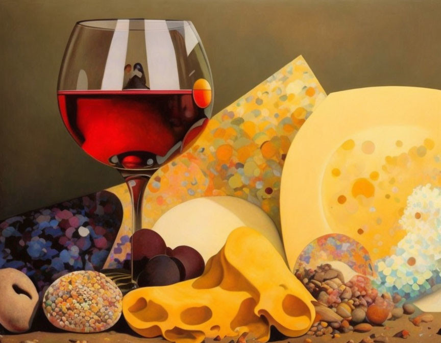 Colorful Still Life Painting with Wine Glass, Cheeses, and Round Elements