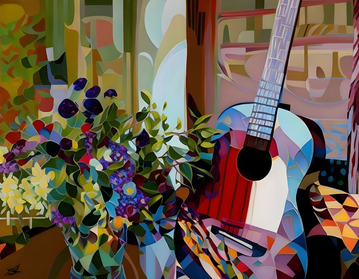 Colorful Abstract Painting with Geometric Shapes, Guitar, and Flowers