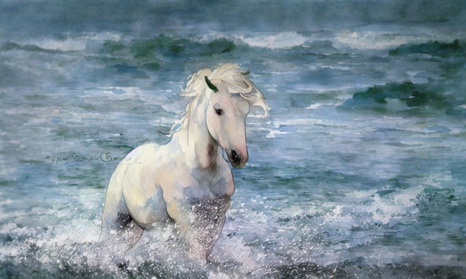 White horse watercolor painting wading in blue waves