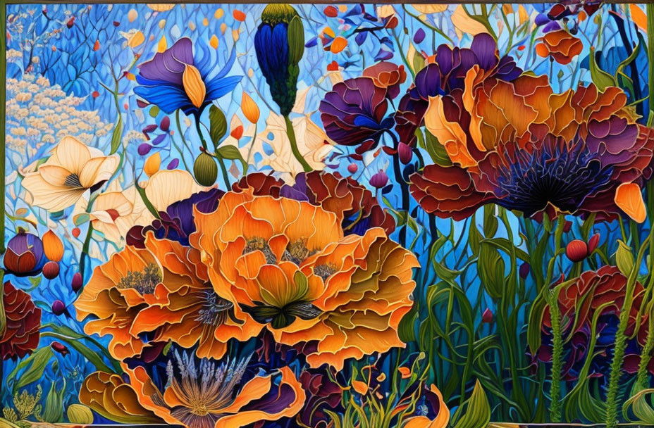 Colorful Floral Artwork with Blues, Oranges, and Yellows on Patterned Background