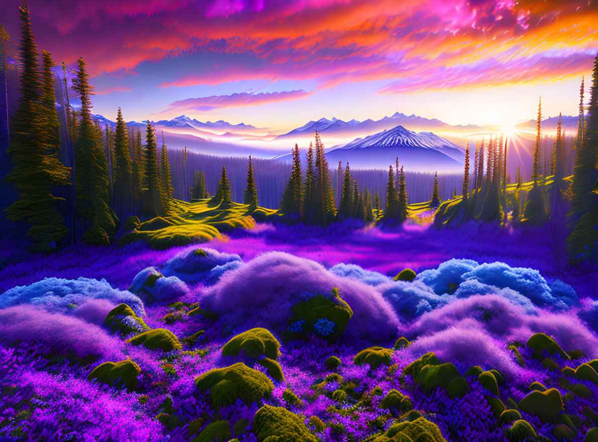 Majestic mountain range with vibrant flora and sunrise