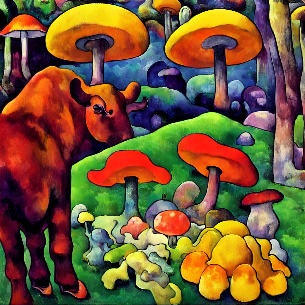 Colorful painting: Moose with oversized mushrooms in whimsical forest