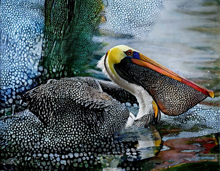 Vivid Yellow Head Pelican Blending in Speckled Foliage