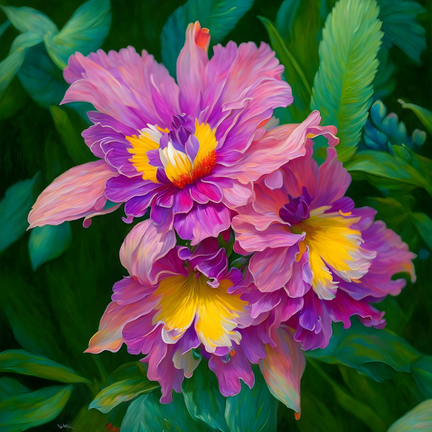 Bright Pink and Yellow Peony Blooms with Soft Petals in Lush Green Foliage