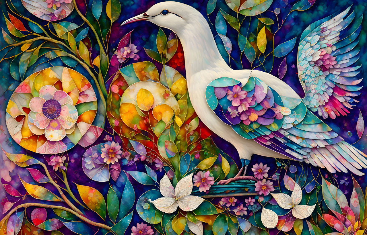 Colorful artwork: White bird amid vibrant flowers and foliage